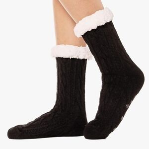 Cozy Black Cable Knit Fleece Lined Non-slip Slipper Socks